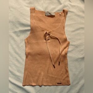 Guess Peach Lace-Up Ribbed Tank Top